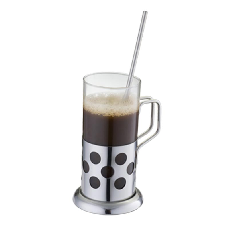 Комплект чаша кафе лате от неръждаема стомана и стъкло с разбъркване