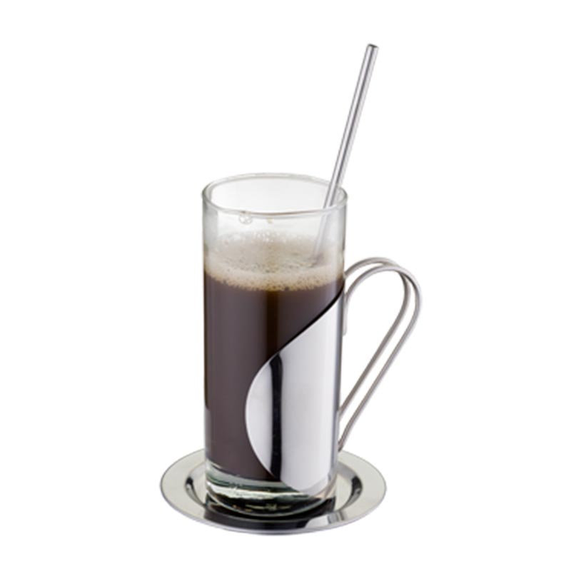 S/S Saucer & Stirring ile 2 Stainless Steel & Glass Coffee Mug