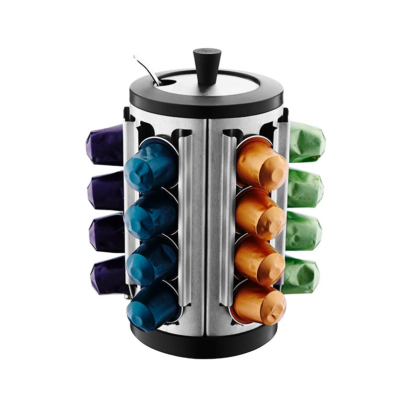 Stainless Steel Carousel Coffee Capsules Holder Organizer Stand with Sugar Spoon and Container