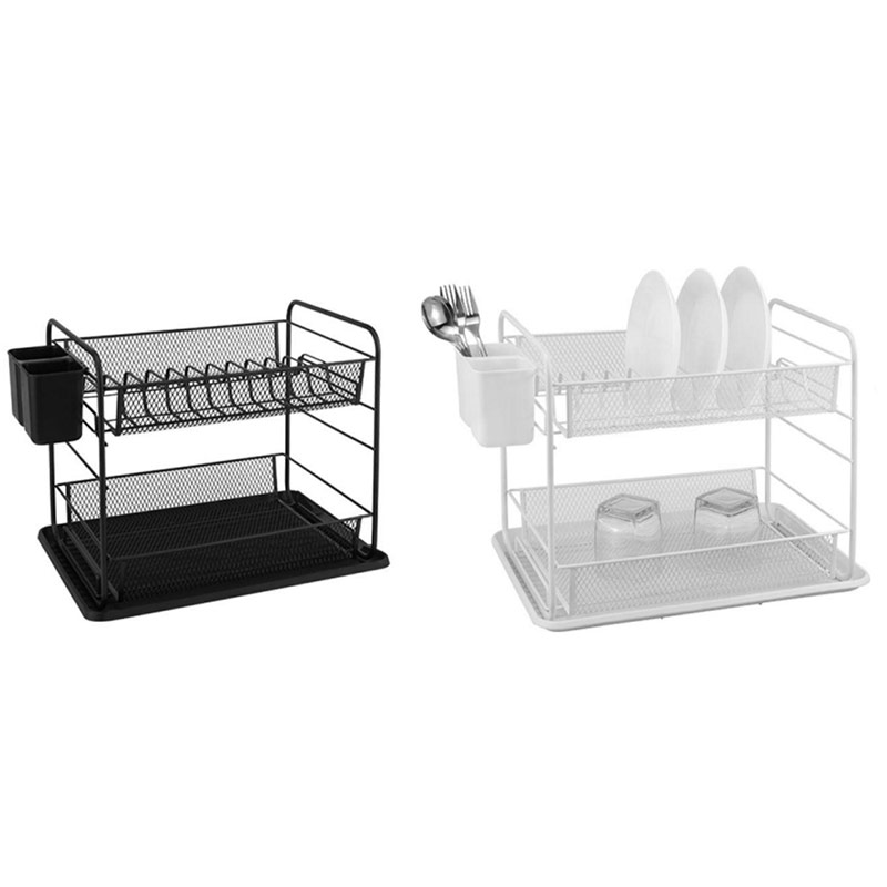 Powder Coating 2-Tier Dish Rack with Drain Board & Utensil Holder