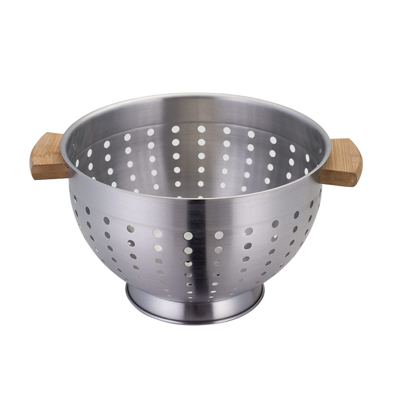 Stainless Steel Colander Strainer with Bamboo Handle and Base