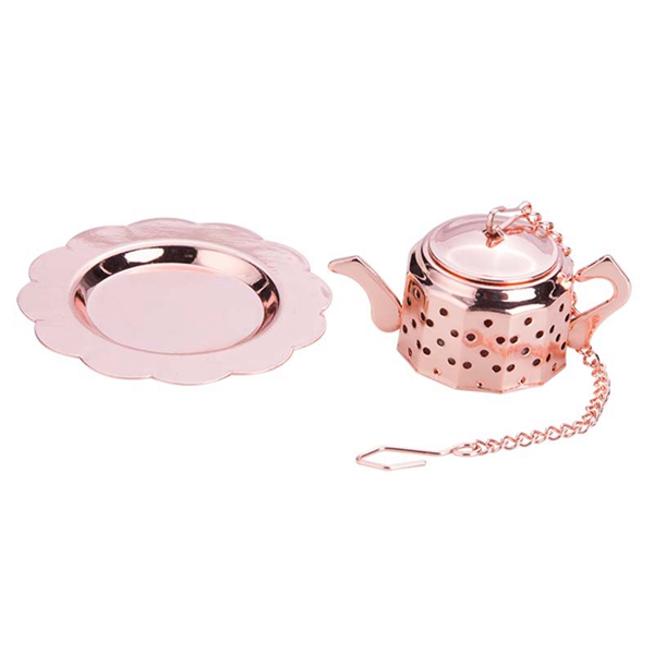 Teapot Shape Mesh Tea Strainer with Chain and Drip Trays