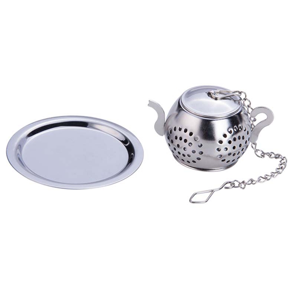 Teáskanna alakú laza tea szűrő lánc és csepegtető tálcákkal