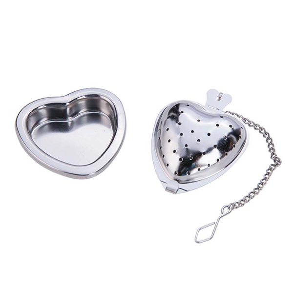 Bola de té de acero inoxidable en forma de corazón, con cadena y bandeja de goteo