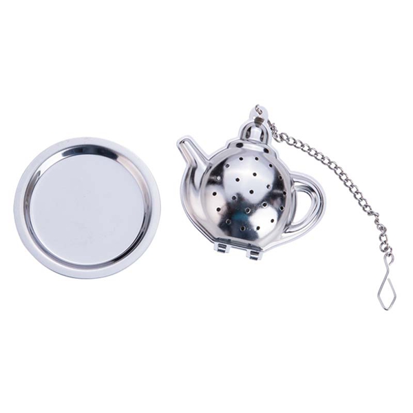Teapot Shaped Tea Strainer with Chain and Drip Trays
