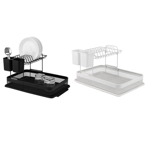 K/D Polvere Rivestimento 2-Tier Piatto Rack con Drain board & Utensil Holder