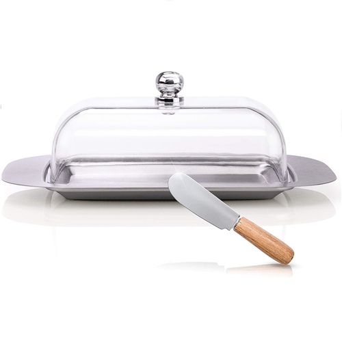 Metal Saucer with Unbreakable Clear Plastic Lid Covered Butter Dish ( without knife)