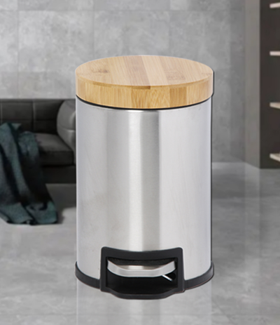 12L Stainless Steel Round Shape Garbage Bin with Bamboo Lid