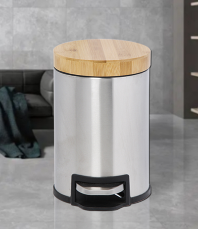 12L Bamboo Lid ile StaStainless Steel Round Form Çöp Bin