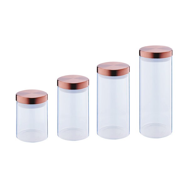 4 stycken lufttät glasförvaringsbehållare med lock i rostfritt stål