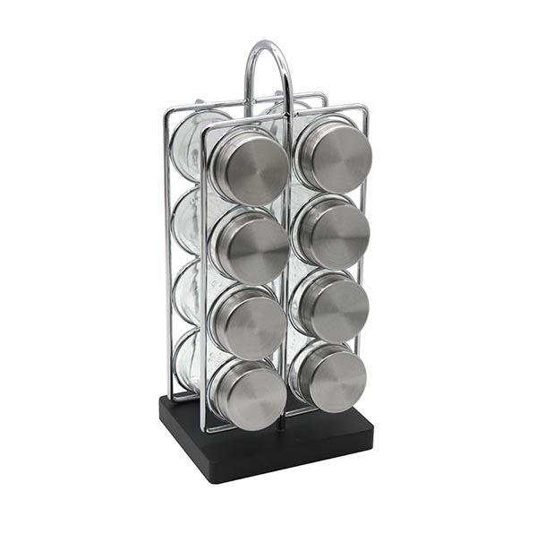 12/16/20 Jar Chrome Wire Spice Rack dengan Pangkalan kayu