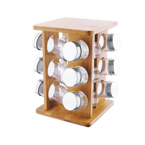 Rotating Tower Spice Set With Bamboo Holder for Kitchen Storage