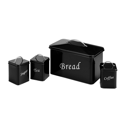 Pudełko z czarnym chlebem z zestawami puszek do blatu kuchennego