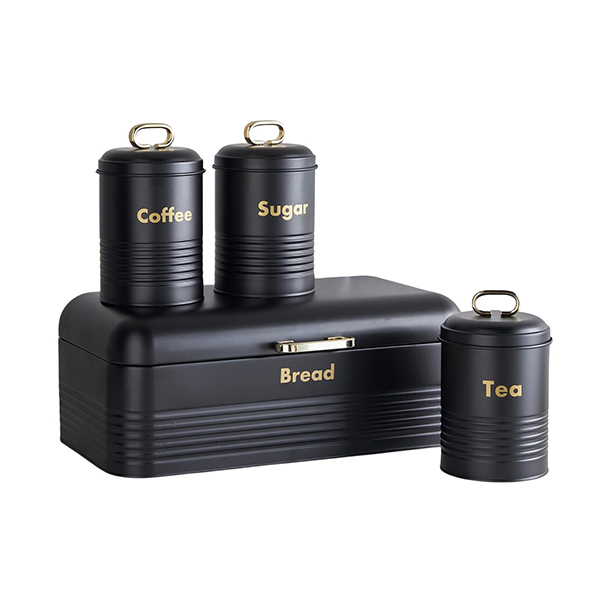Black Metal Bread Bin Kitchen Storage Cabinet With Complementary Canisters
