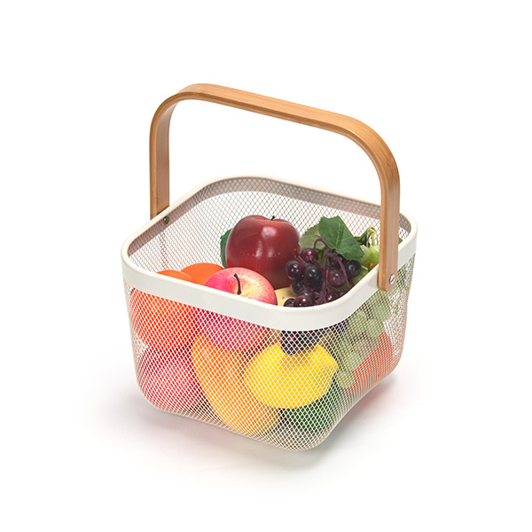 Fruit Baskets Metal Mesh Harvest Basket with Foldable Wooden Handle