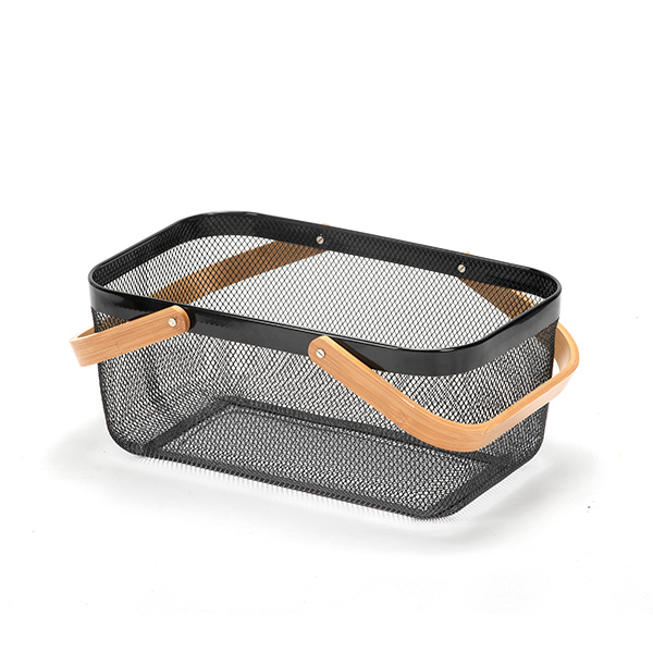 Picnic Oppbevaringsbaser Metal Mesh Harvest Basket med Foldable Wooden Handle