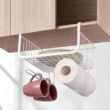 Under Shelf Iron Mesh Storage Rack with Cup Hanging and Paper Towel Holder