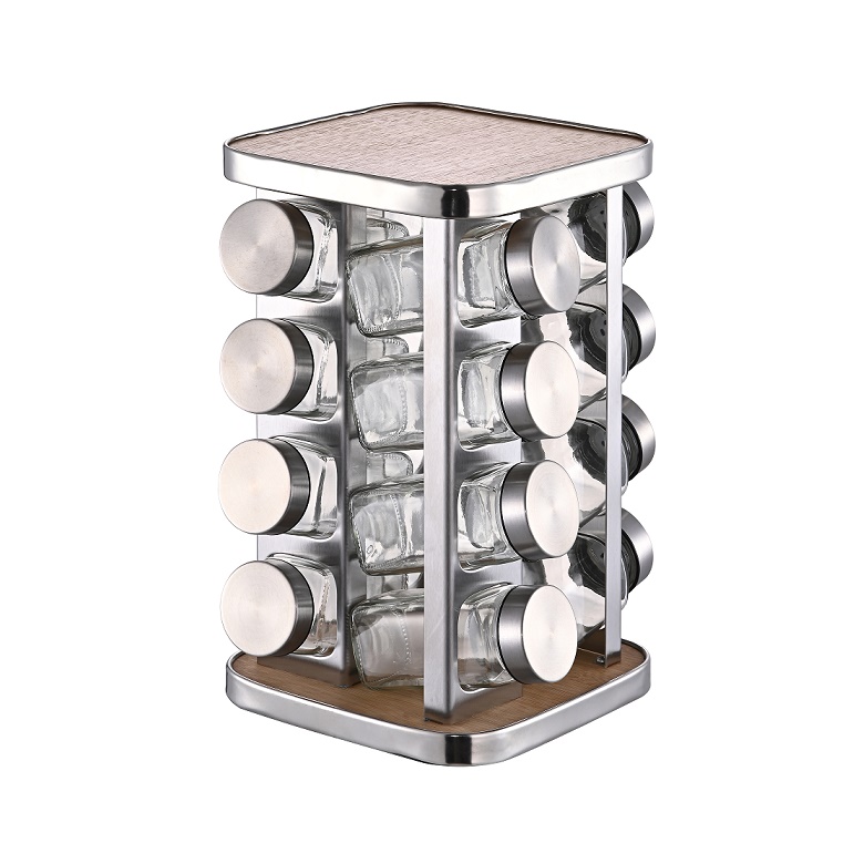 16 Pieces Stainless Steel Square Shape Rotating Standing Spice Set with Wood Base