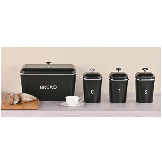 Set of 4 Bread Box and Canister Set for Kitchen Countertop in Black Color