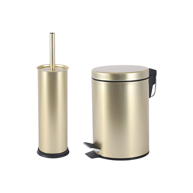 Tin Plate Glod Color Trash Can and Toilet Brush Set