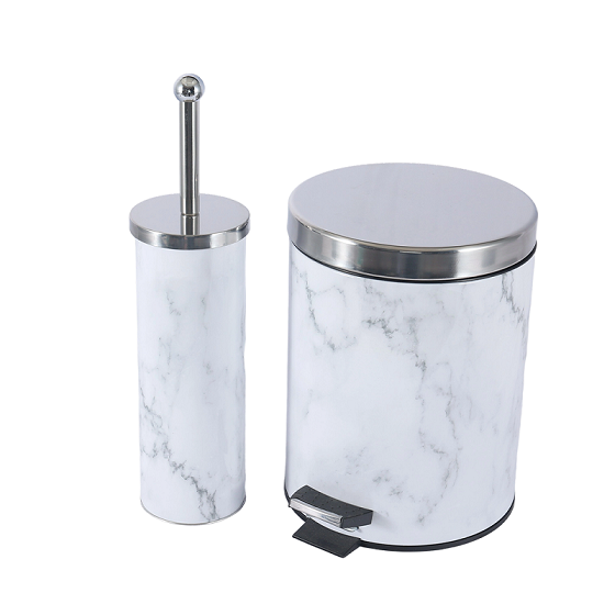 Tin Plate Marble Pattern Trash Can and Toilet Brush Set