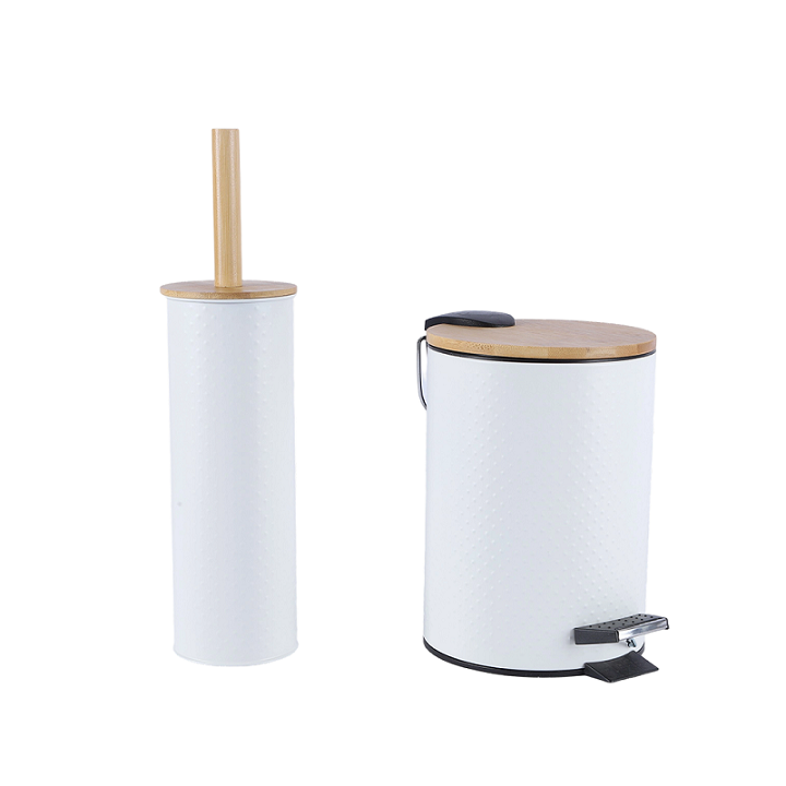 Round Shape Bathroom Pedal Bin & Toilet Brush with Holder and Bamboo Lid