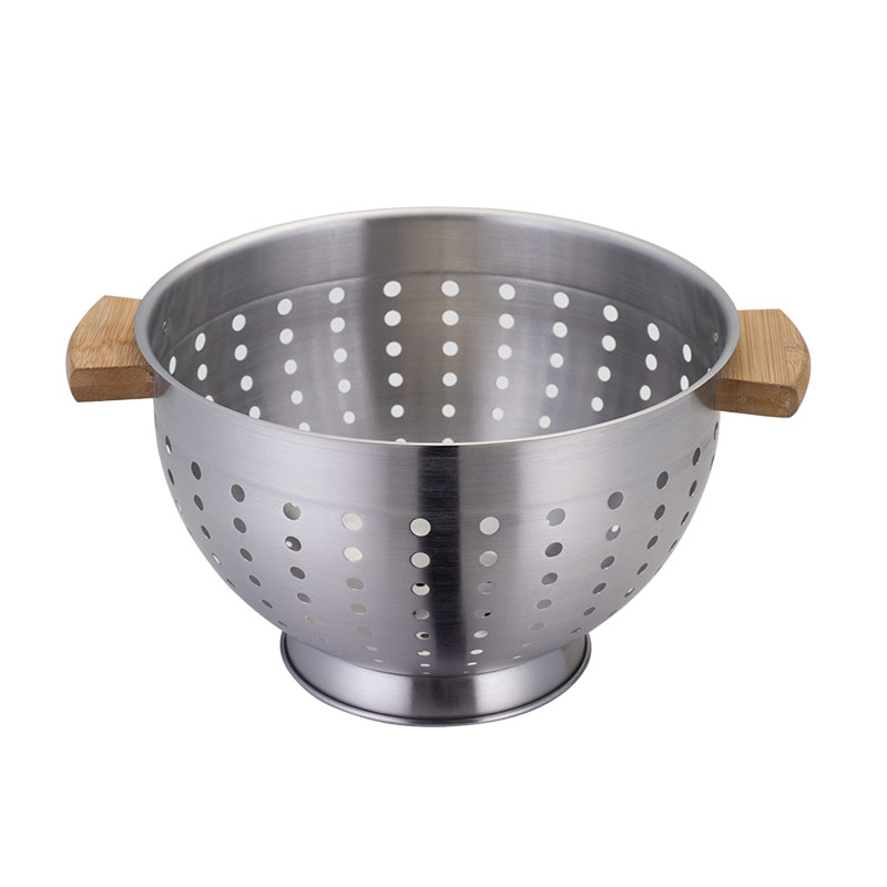 stainless steel colander strainer with bamboo handle and base